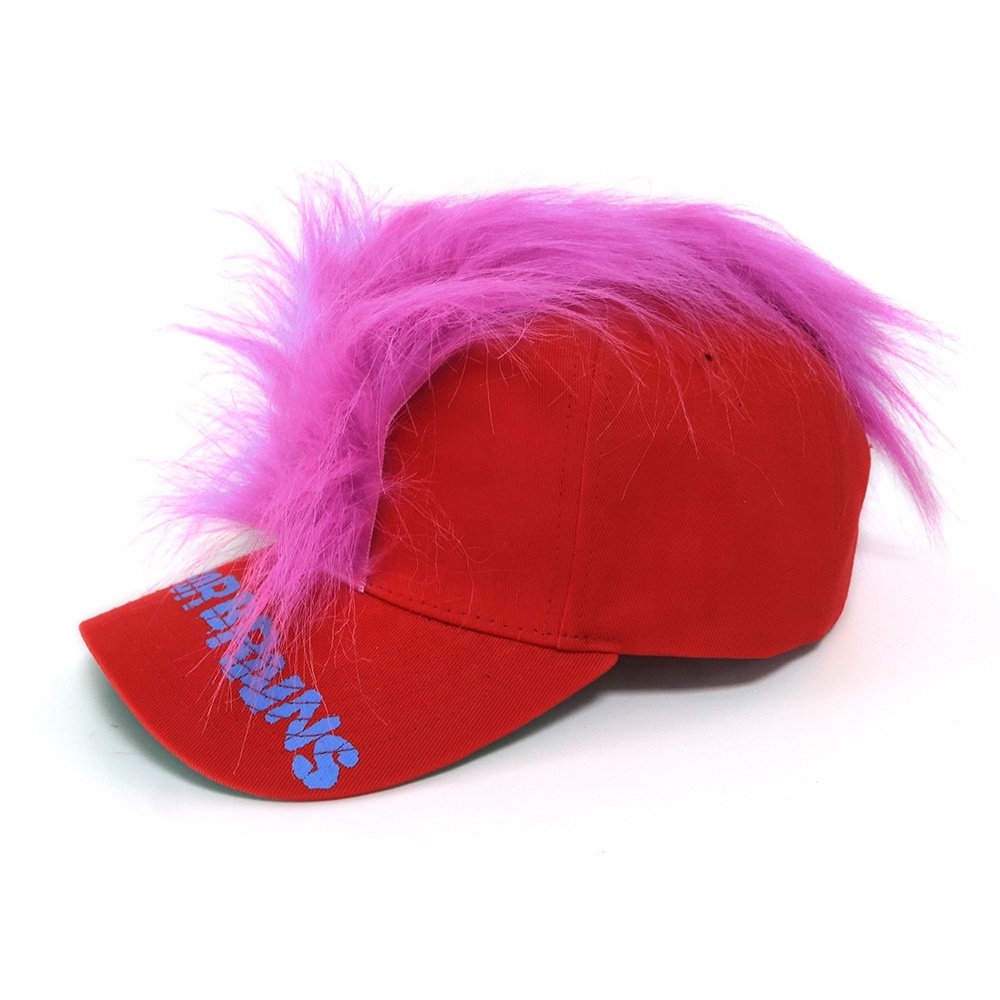 2021 Popular design women red cotton 6 panel structured baseball cap high quality with pink faux fur on the top