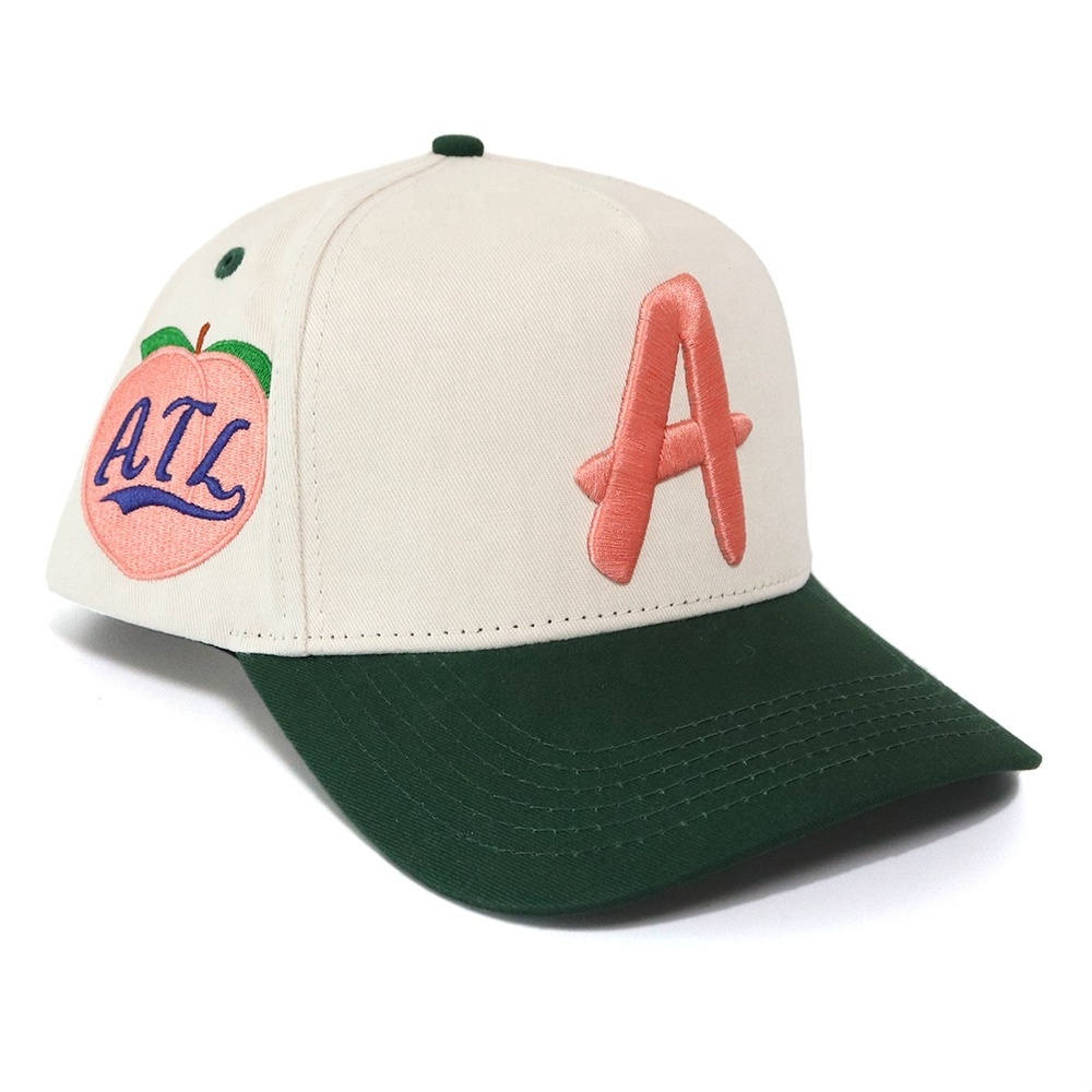 Custom Logo 5 panel 2 tone cream and forest green colors  Baseball Fashion Designer 100% Cotton Twill Cap Hat