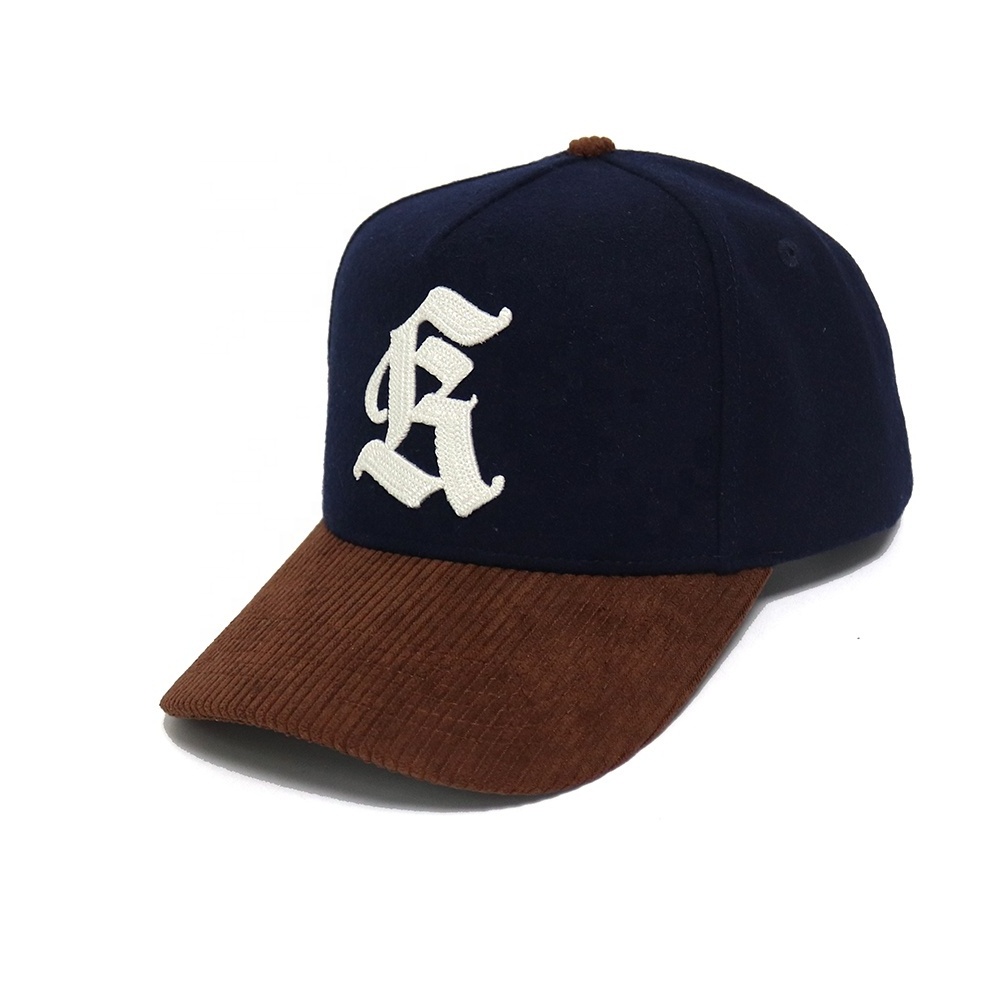 Custom Navy Brown Wool Corduroy Chain stitch 3D Embroidery Hat Simple Baseball Cap Sports Wool-Blend Felt Ball Hats