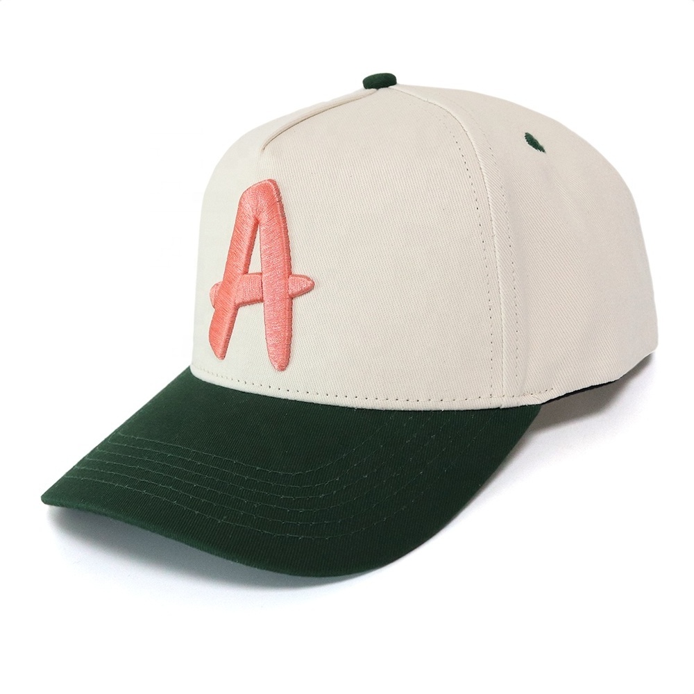 Custom Logo 5 panel 2 tone cream and forest green colors  Baseball Fashion Designer 100% Cotton Twill Cap Hat