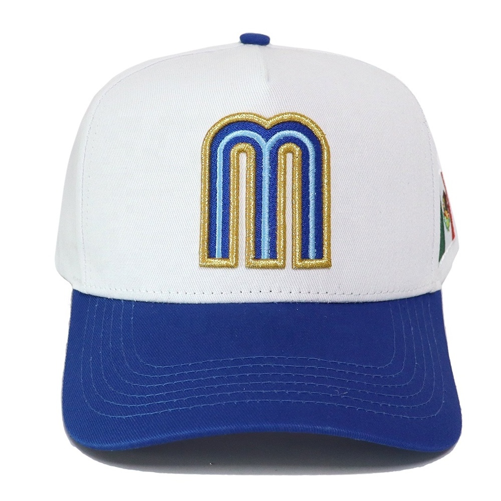 Custom Mexico 5 Panel A Frame Snap Back Hat Flag 3D M Embroidery Curved Bill Mexico Baseball Cotton Cap White Blue