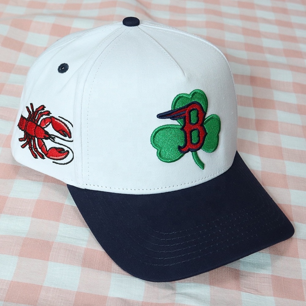 factory custom clover green and letters white and navy blue 100% cotton twill baseball cap with contract under brim green color