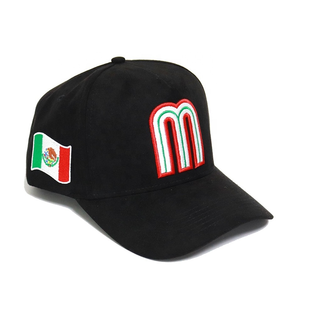 Custom Letter M Mexico Snap Back Hat Flag 3D M Embroidery Curved Bill Brim Mexico Baseball Black Suede Cap New