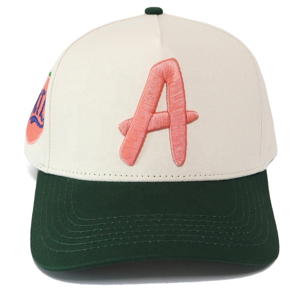 Custom Logo 5 panel 2 tone cream and forest green colors  Baseball Fashion Designer 100% Cotton Twill Cap Hat