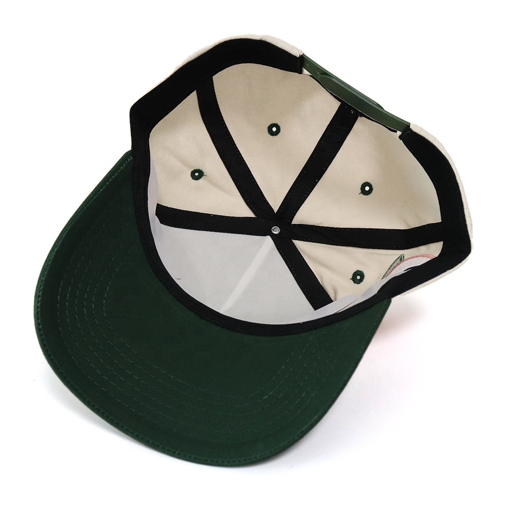 Custom Logo 5 panel 2 tone cream and forest green colors  Baseball Fashion Designer 100% Cotton Twill Cap Hat