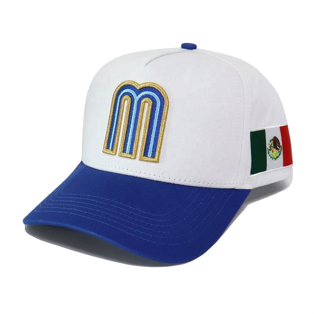 Custom Mexico 5 Panel A Frame Snap Back Hat Flag 3D M Embroidery Curved Bill Mexico Baseball Cotton Cap White Blue