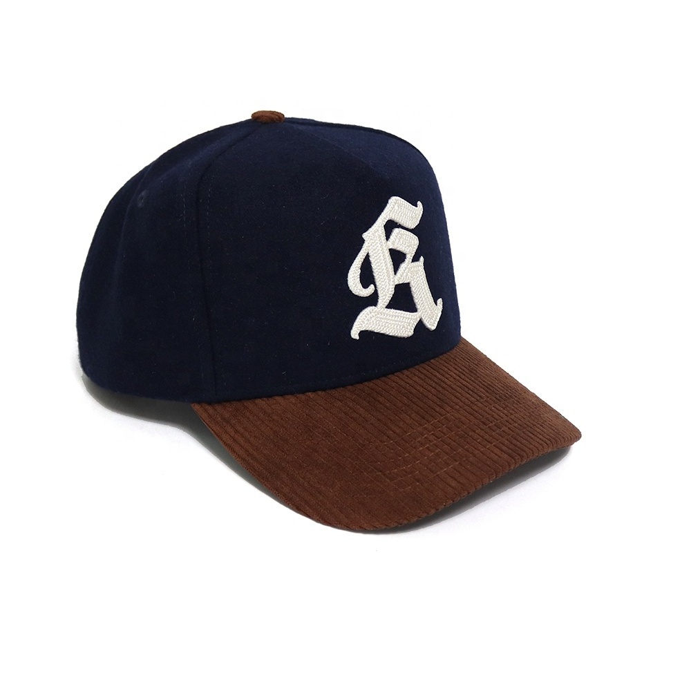 Custom Navy Brown Wool Corduroy Chain stitch 3D Embroidery Hat Simple Baseball Cap Sports Wool-Blend Felt Ball Hats