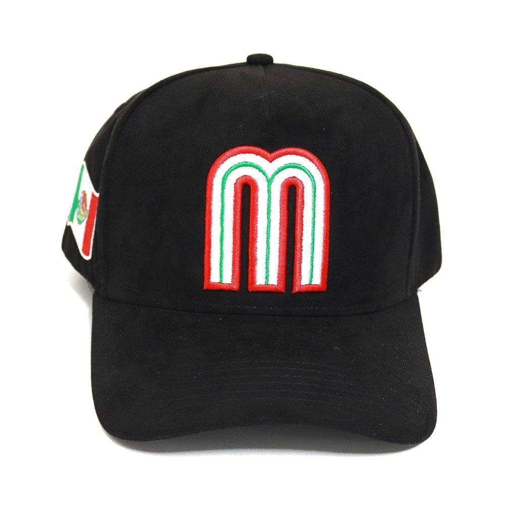 Custom Letter M Mexico Snap Back Hat Flag 3D M Embroidery Curved Bill Brim Mexico Baseball Black Suede Cap New