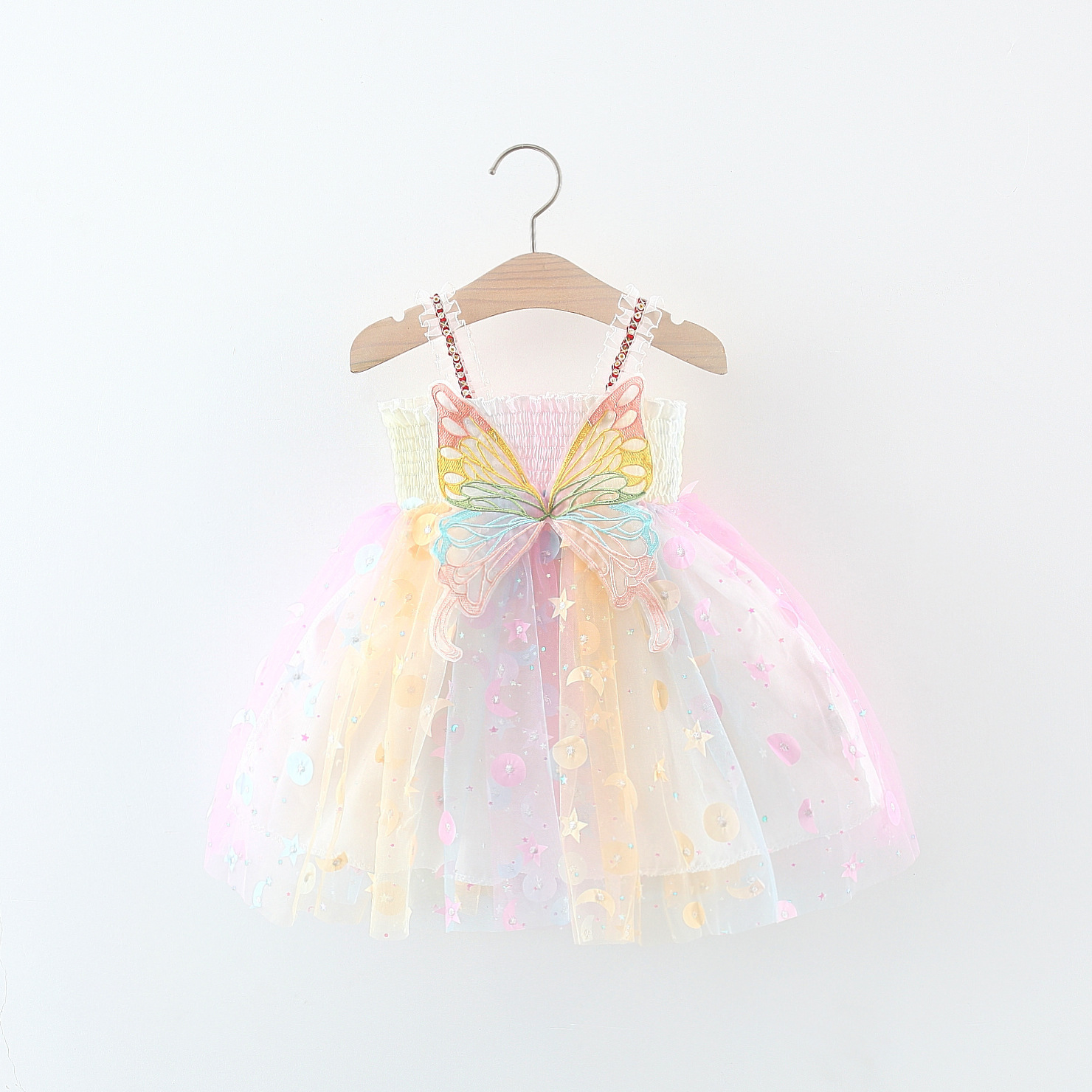 MU 2023 Summer Baby Girl Big Wings Color Butterfly Mesh Princess Strap Dress