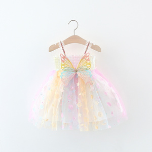 MU 2023 Summer Baby Girl Big Wings Color Butterfly Mesh Princess Strap Dress