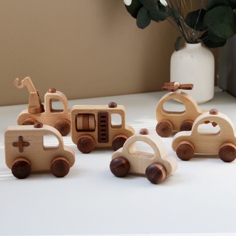 MU 2024 New Montessori Baby Wooden  Vehicles Mini Wooden Pull Cars For Kids