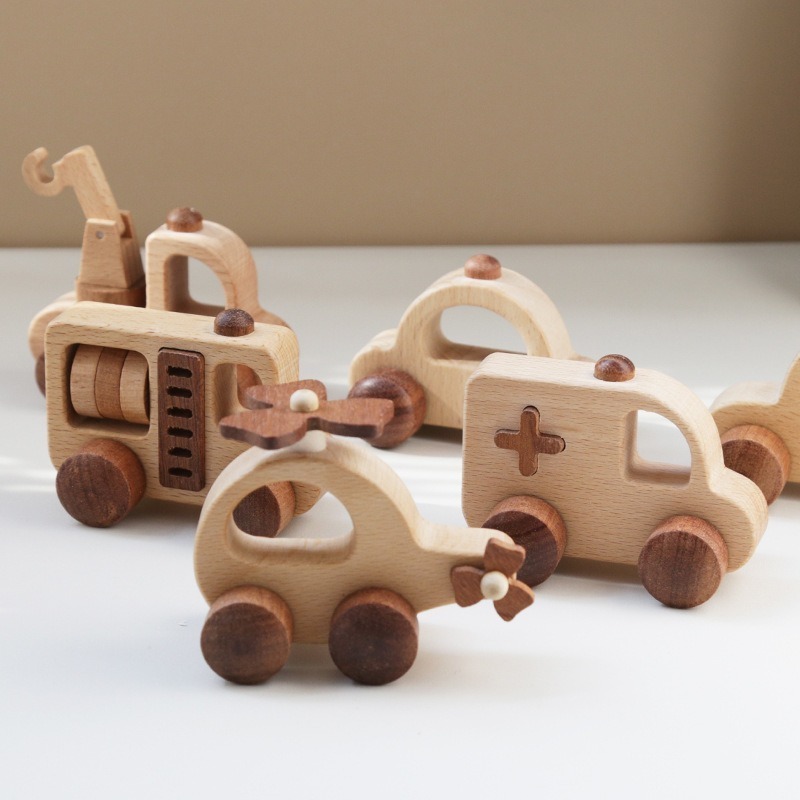 MU 2024 New Montessori Baby Wooden  Vehicles Mini Wooden Pull Cars For Kids