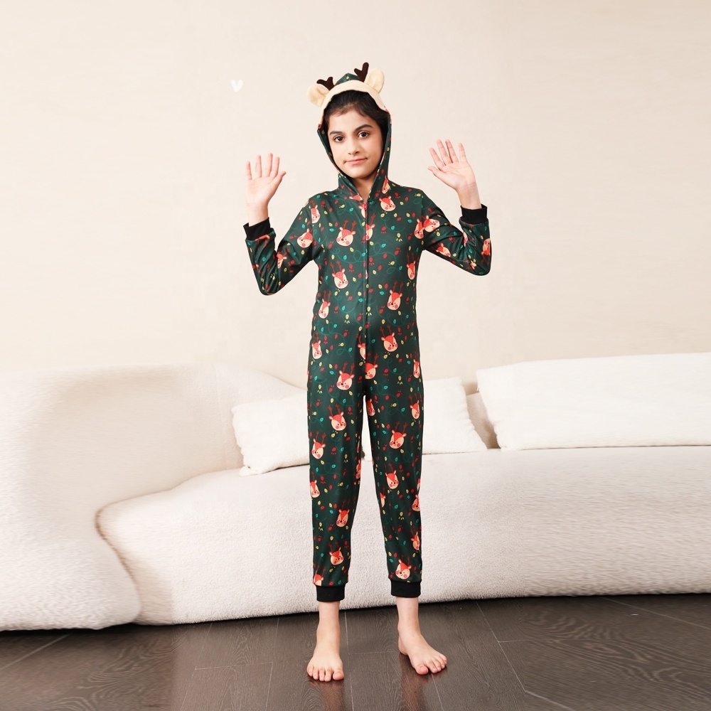 2024 Imitate cotton soft long sleeve parent-kid home wear cute cartoon printed deer hat Christmas family pajamas hoody jumpsuit