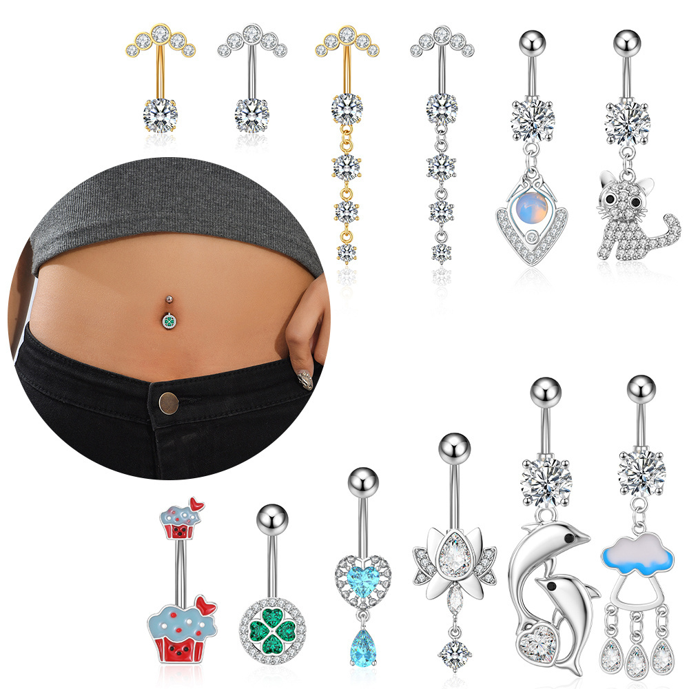 10Pcs/Set Big Zircon Navel Ring Dangle Kitten Ice Cream Belly Button Rings Surgical Steel Piercing Dolphin Trendy Body Jewelry