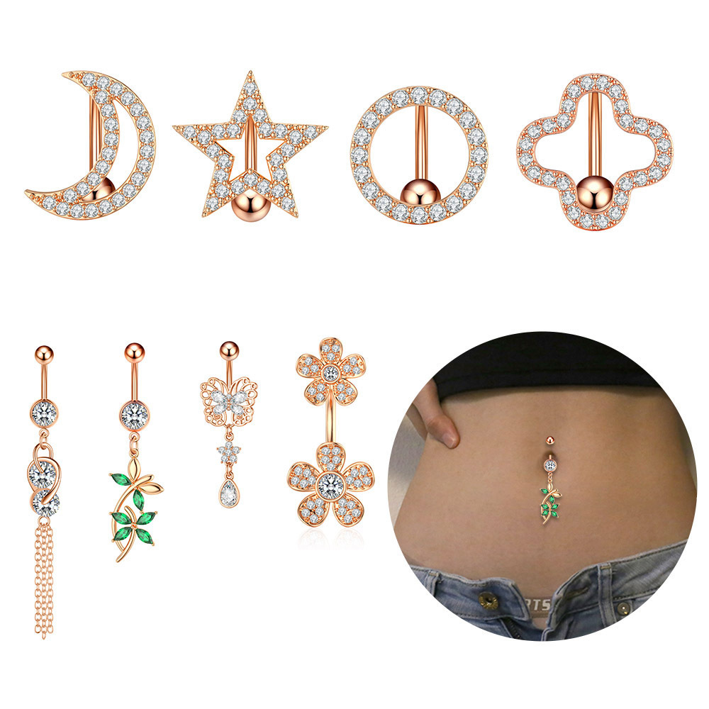 10Pcs/Set Reversed Bar Dangle Belly Rings Flower Star Women Sexy Navel Ring Piercing Surgical Steel Geometrical Shape Jewelry