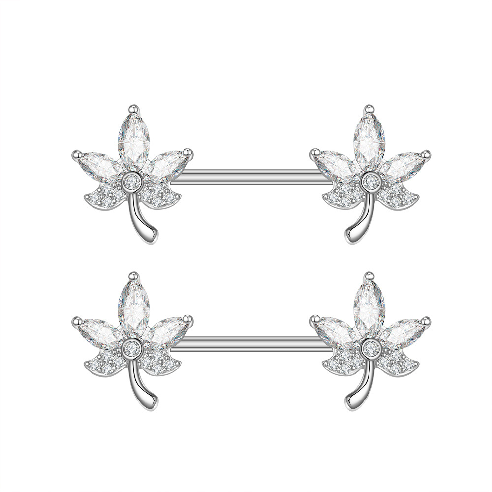 10Pair/Set Maple Leaf Zircon 316L Stainless Steel Nipple Piercing Punk Weed Leaf Nipple Rings Body Jewelry