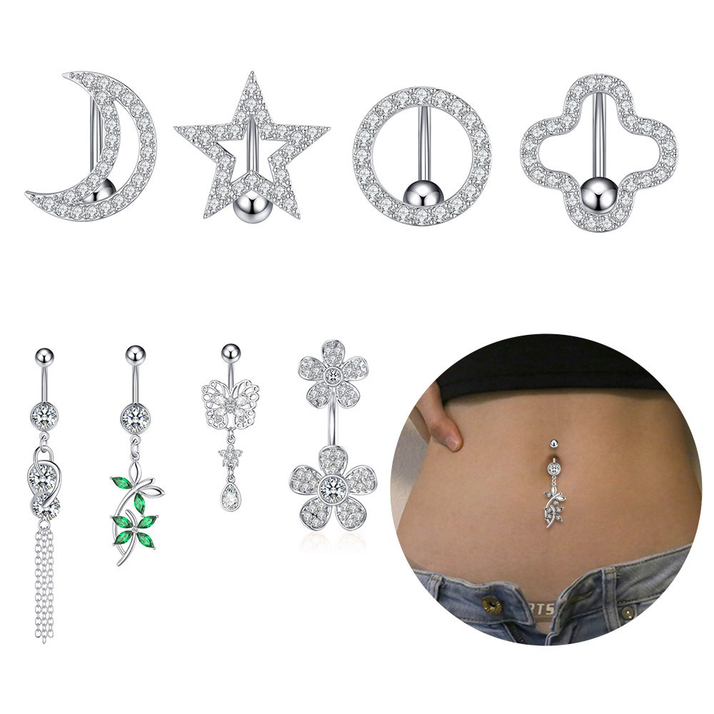 10Pcs/Set Reversed Bar Dangle Belly Rings Flower Star Women Sexy Navel Ring Piercing Surgical Steel Geometrical Shape Jewelry