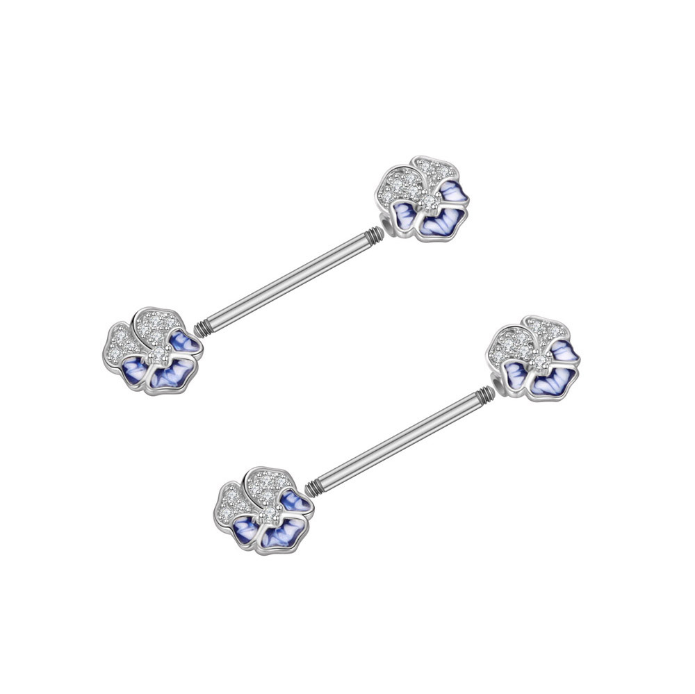 5Pair/Set Stainless Steel 14G Chest Ring Oil-Coated Zircon Blue Flower Bar Barbell Nipple Ring Piercing Breast Cover Jewelry