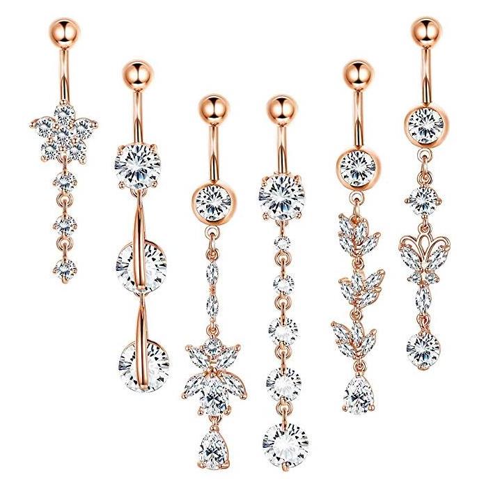 6Pcs/Set Dangle Ring High Quality Wholesale Belly Navel 316L Stainless Steel Belly Ring Set 14G Body Piercing Jewelry