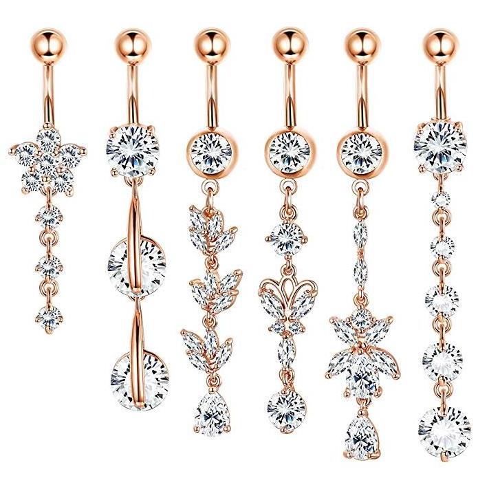 6Pcs/Set Dangle Ring High Quality Wholesale Belly Navel 316L Stainless Steel Belly Ring Set 14G Body Piercing Jewelry