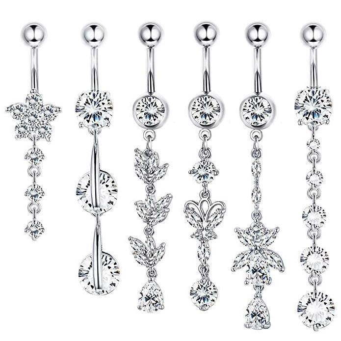 6Pcs/Set Dangle Ring High Quality Wholesale Belly Navel 316L Stainless Steel Belly Ring Set 14G Body Piercing Jewelry