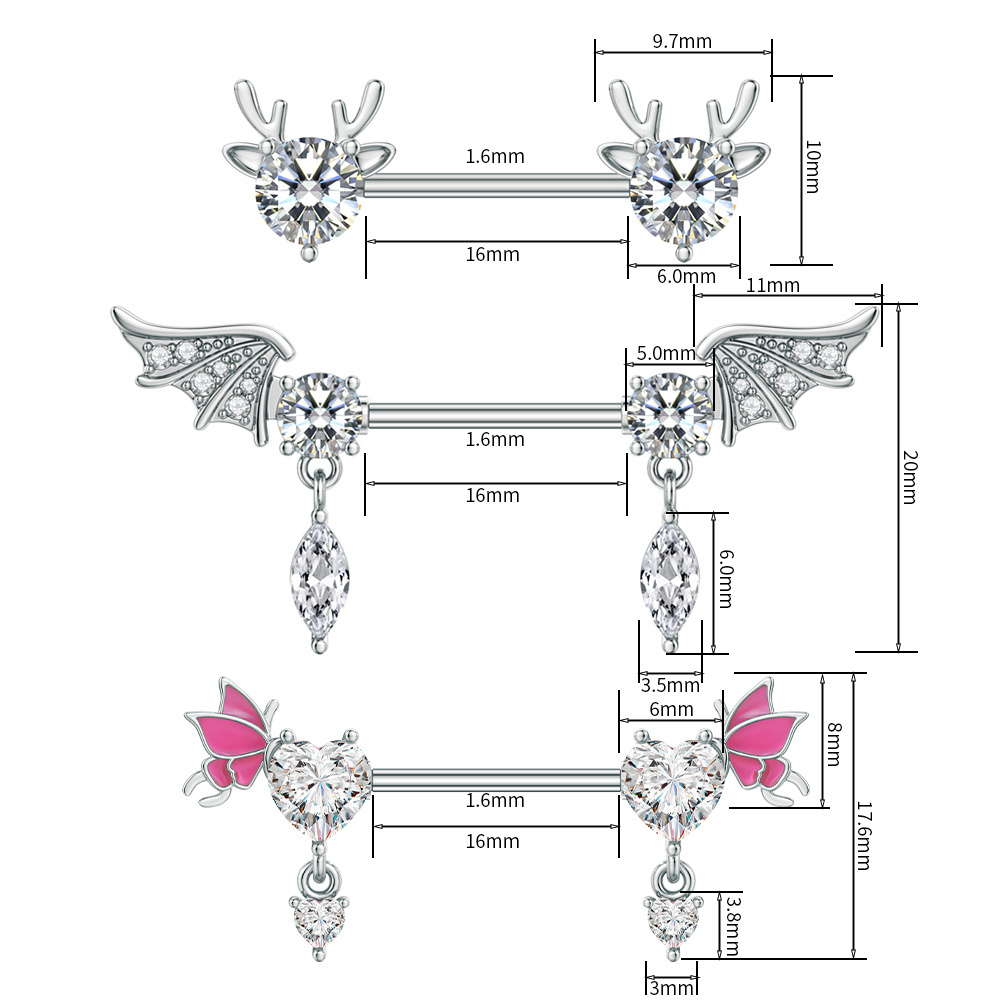 New Oiled Butterfly Nipple Ring Heart Zircon Inlaid Bat Wings Antlers Stainless Steel Ladies Sexy Chest Piercing Barbell Jewelry