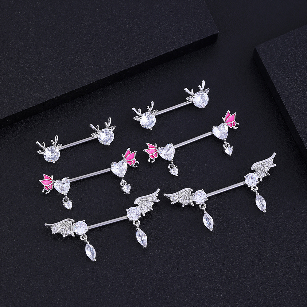 New Oiled Butterfly Nipple Ring Heart Zircon Inlaid Bat Wings Antlers Stainless Steel Ladies Sexy Chest Piercing Barbell Jewelry