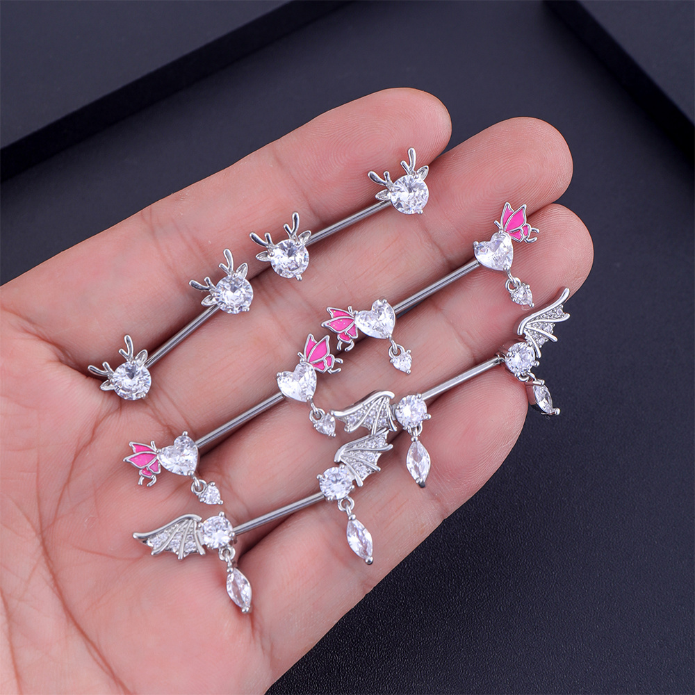 New Oiled Butterfly Nipple Ring Heart Zircon Inlaid Bat Wings Antlers Stainless Steel Ladies Sexy Chest Piercing Barbell Jewelry