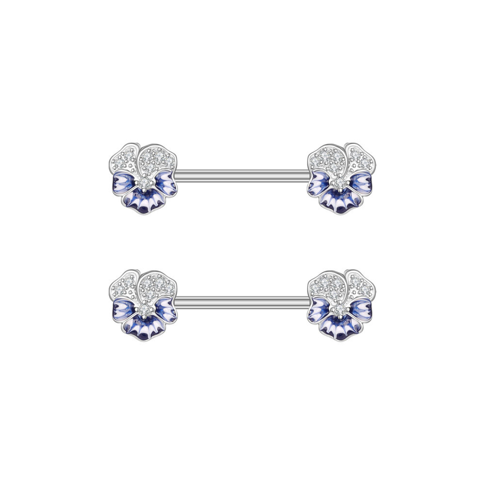 5Pair/Set Stainless Steel 14G Chest Ring Oil-Coated Zircon Blue Flower Bar Barbell Nipple Ring Piercing Breast Cover Jewelry