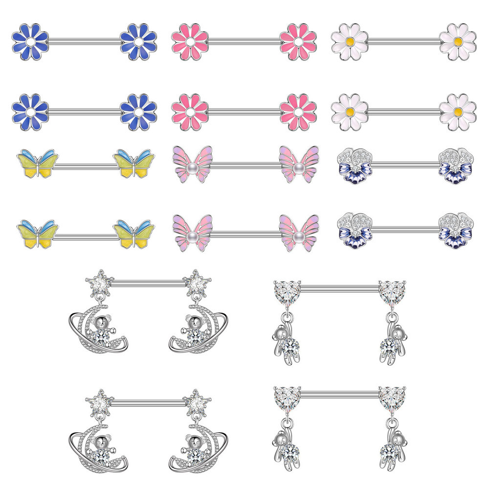 5Pair/Set Stainless Steel 14G Chest Ring Oil-Coated Zircon Blue Flower Bar Barbell Nipple Ring Piercing Breast Cover Jewelry