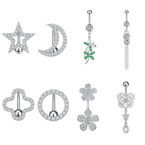 10Pcs/Set Reversed Bar Dangle Belly Rings Flower Star Women Sexy Navel Ring Piercing Surgical Steel Geometrical Shape Jewelry