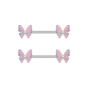 5Pair/Set 316 Surgical Steel Pierced Purple Pink Butterfly Pearl Nipple Ring Barbell Body Piercing Female Jewelry