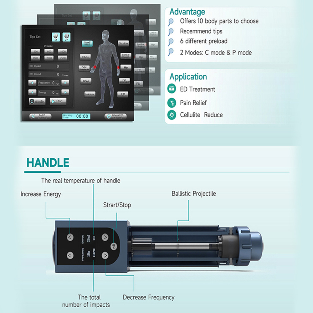 Customized Logo Shockwave Therapy Ed Treatment 7 Tips Working Heads Handpiece Display Screen Focus Shock Wave Therapy Machine