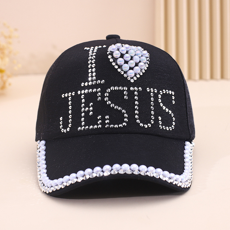 I Love Jesus Rhinestones Pearls Baseball Caps