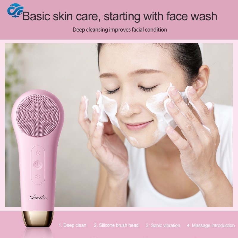 Amitis Person Skin Care Electronic Heated Silicone Exfoliating Brush Face Wash Sonic Electric Facial Cleansing Brush