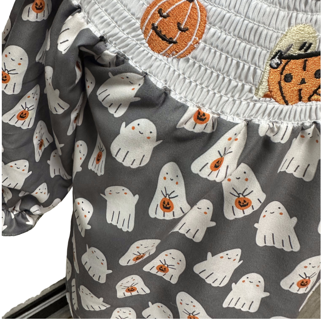 Wholesale 2023 New Toddler Boutique Embroidery Baby Clothing Girls Gray  Halloween Pumpkin Smocked Dress Smocked Dresses For Gir