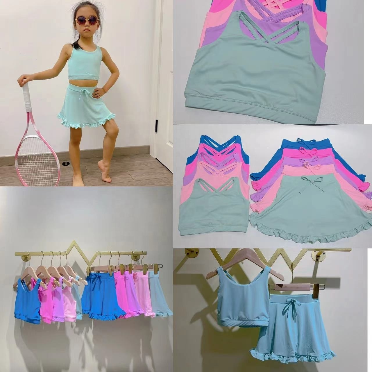 High Quality Baby Girl Workout Sports Wear Athletics Vest Butterfly Shorts 2in1 Skirts Set Youth Kids Tennis Gymnastics Clothing