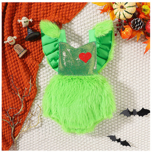 OEM/ODM 2023 New Green fur monster costume Heart Santa Claus sweater romper Strap hollow back Green Christmas Velvet Baby Romper