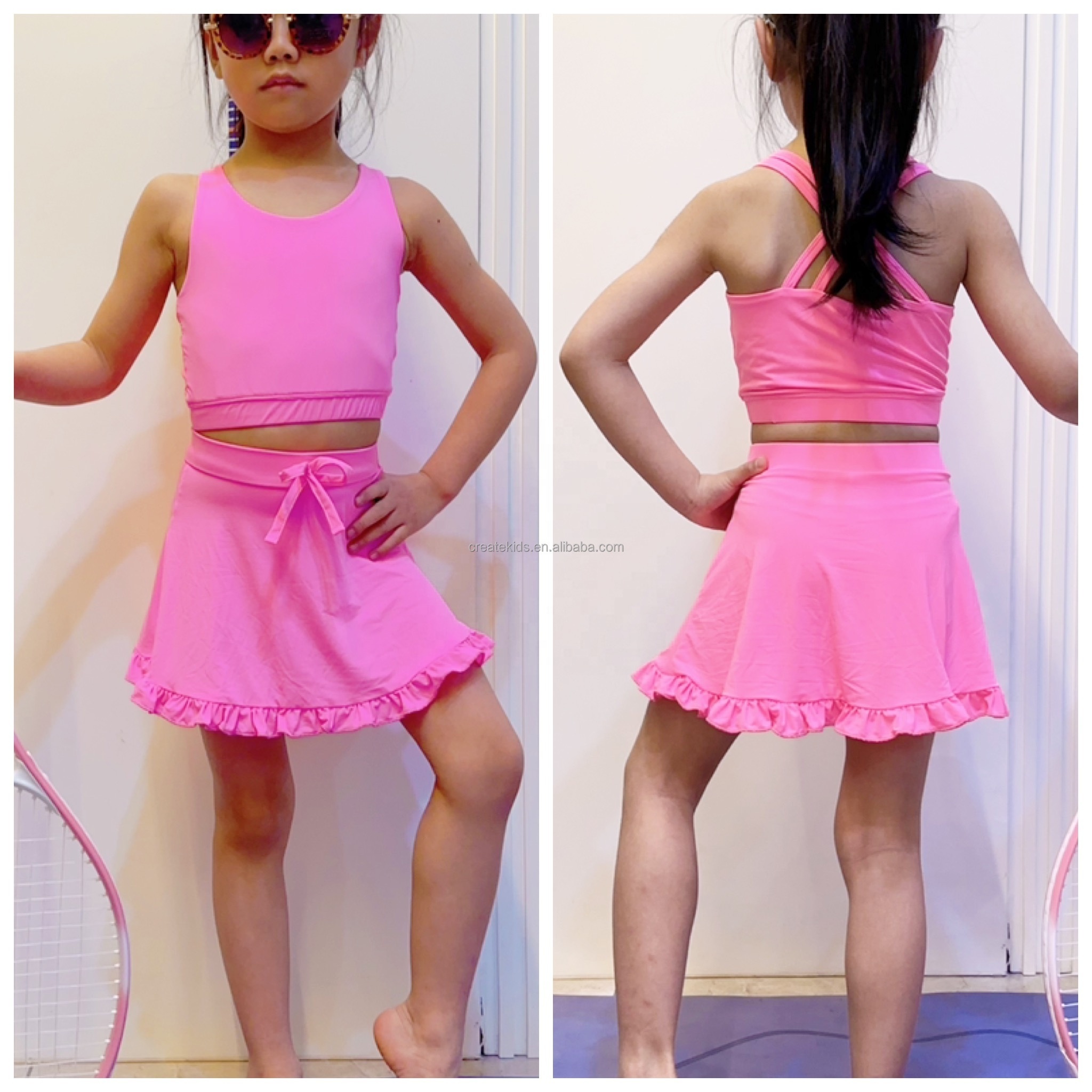 High Quality Baby Girl Workout Sports Wear Athletics Vest Butterfly Shorts 2in1 Skirts Set Youth Kids Tennis Gymnastics Clothing