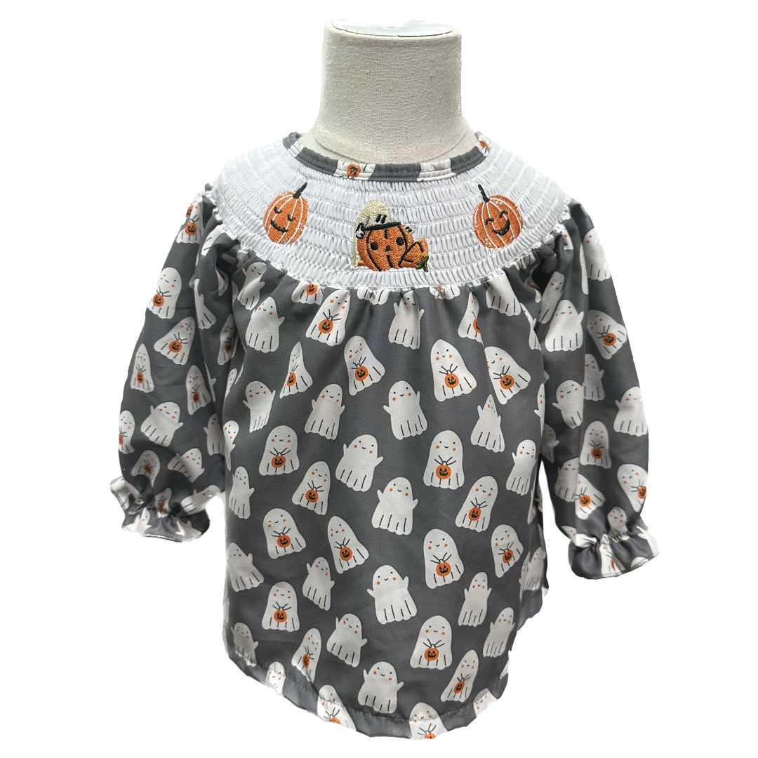 Wholesale 2023 New Toddler Boutique Embroidery Baby Clothing Girls Gray  Halloween Pumpkin Smocked Dress Smocked Dresses For Gir