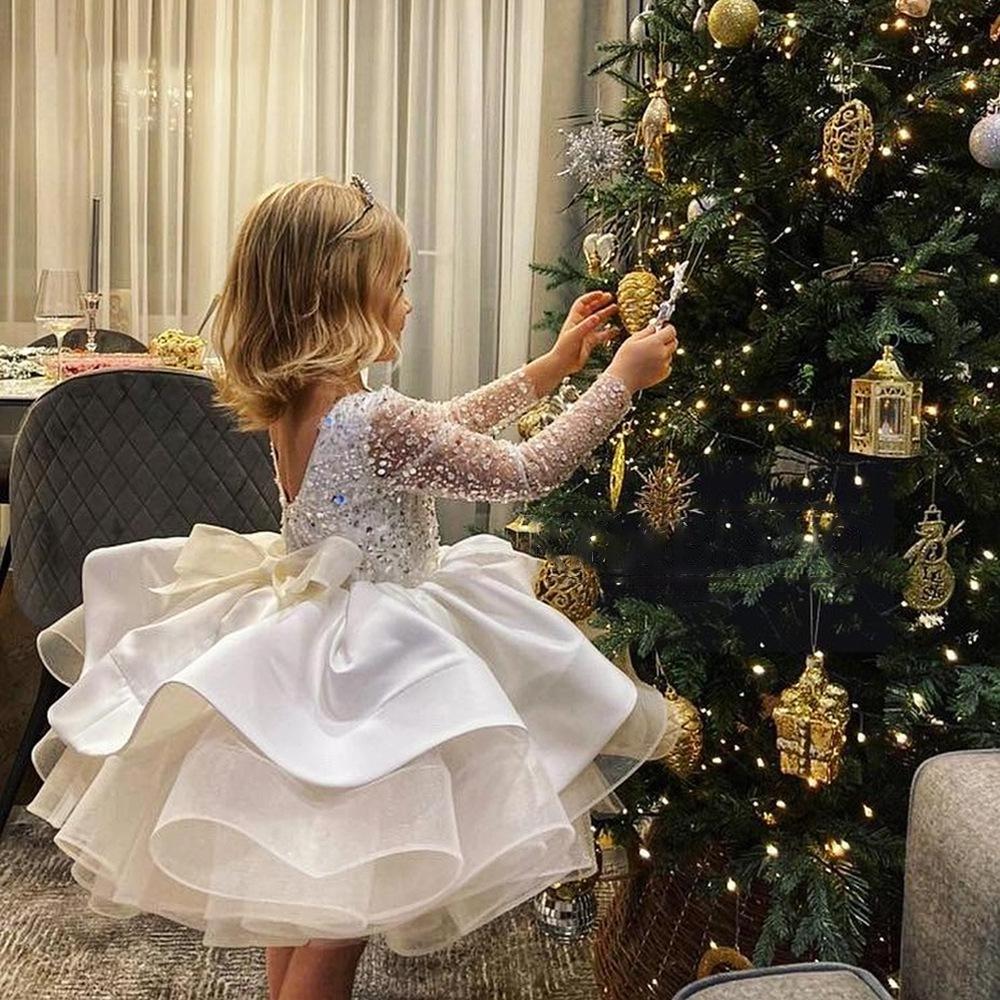 Factory Direct Girl Christmas Toddler Girl Birthday Party Dress White Long Sleeve Bow Puffy Girl Dress Princess Dress