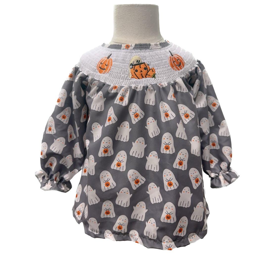 Wholesale 2023 New Toddler Boutique Embroidery Baby Clothing Girls Gray  Halloween Pumpkin Smocked Dress Smocked Dresses For Gir