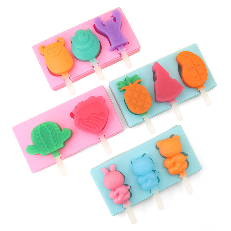 3D Ice Cream Animal Shape Silicone Mold Fruit Popsicle Mold With Lid With Plastic Stick Summer DIY Monster Cheese Stick Mold