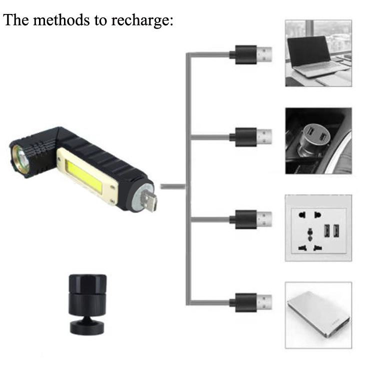 multifunction cob red white  led torch light  aluminum 15W magnet led flashlight 90 rotation degree flashlights USB rechargeable