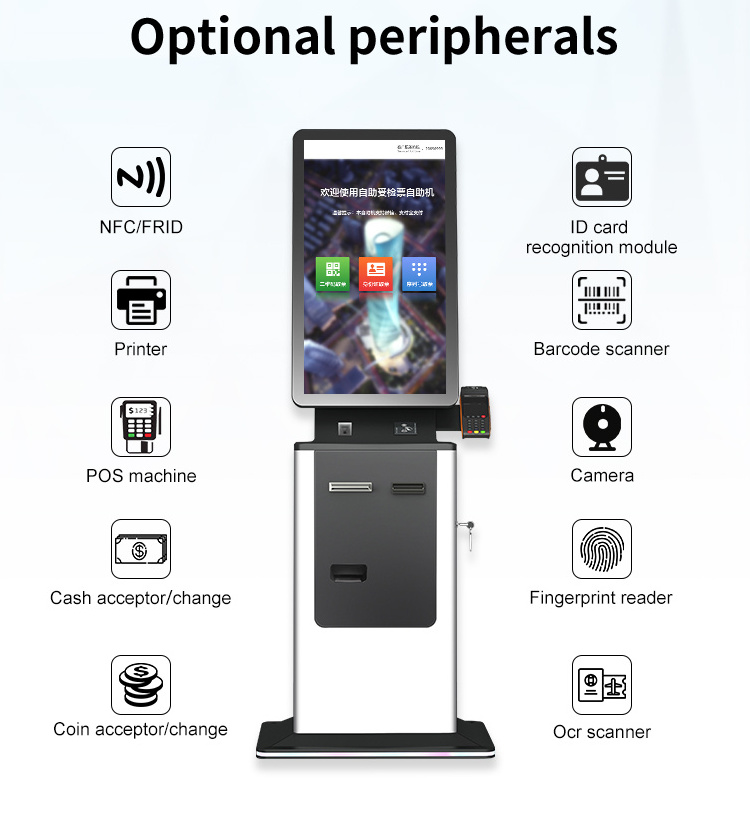 Crtly payment kiosk cash and bill self check in kiosk hotel passport scanner card dispenser kiosk cash recycler machine