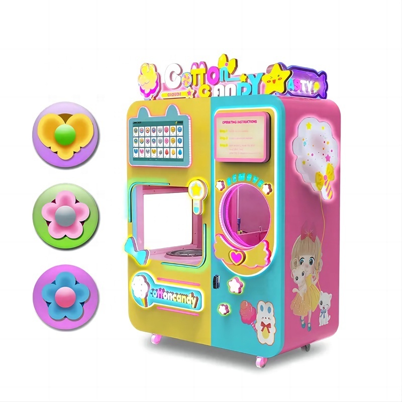 New Model Full Automatic Metal Floss Flower Neon Lights 6 Colors Sugars Cotton Candy Vending Machine Coin Token Retail Use