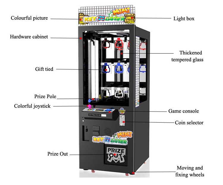 Popular coin operated golden key game claw machine 9 holes black mini keymaster