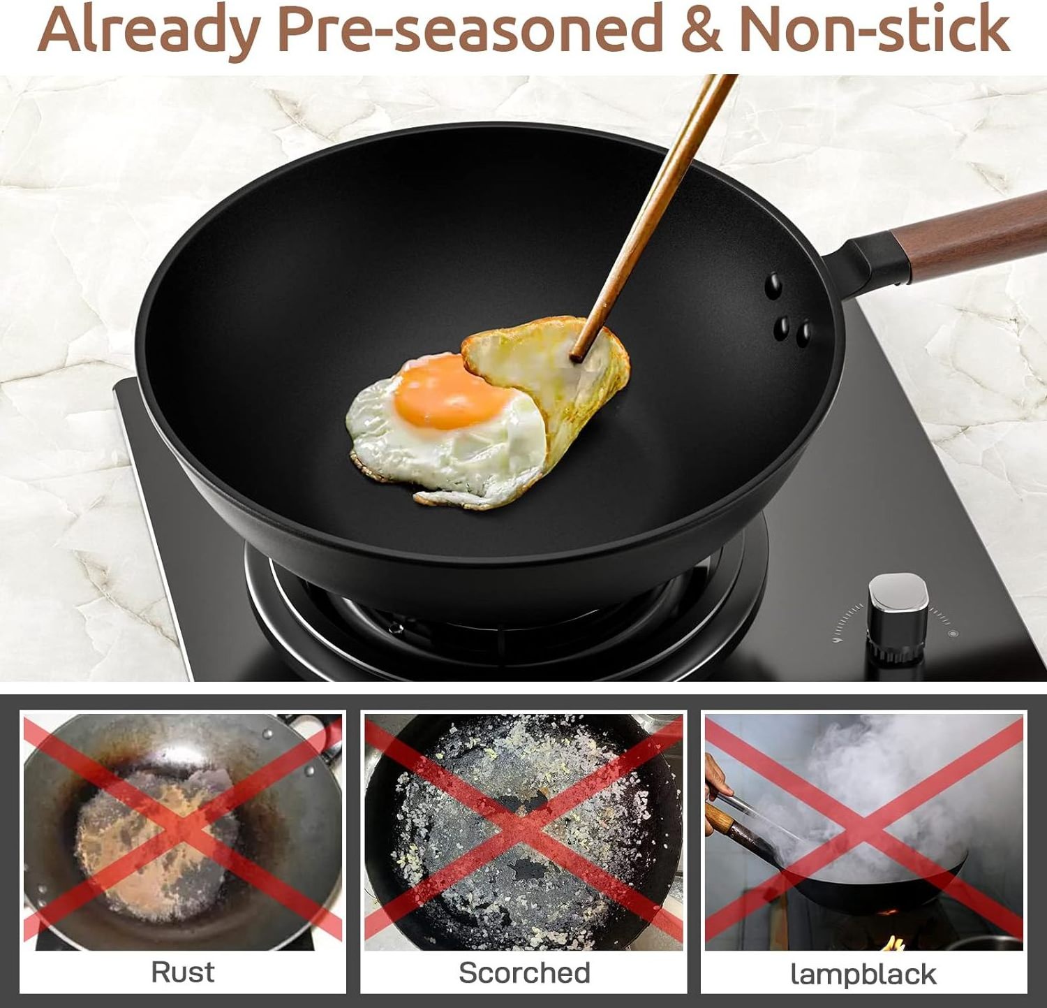 Nonstick Wok, 13-Inch Carbon Steel Wok Pan with Lid Woks & Stir-Fry Pans No Chemical Coated Spatula Flat Bottom Cookware