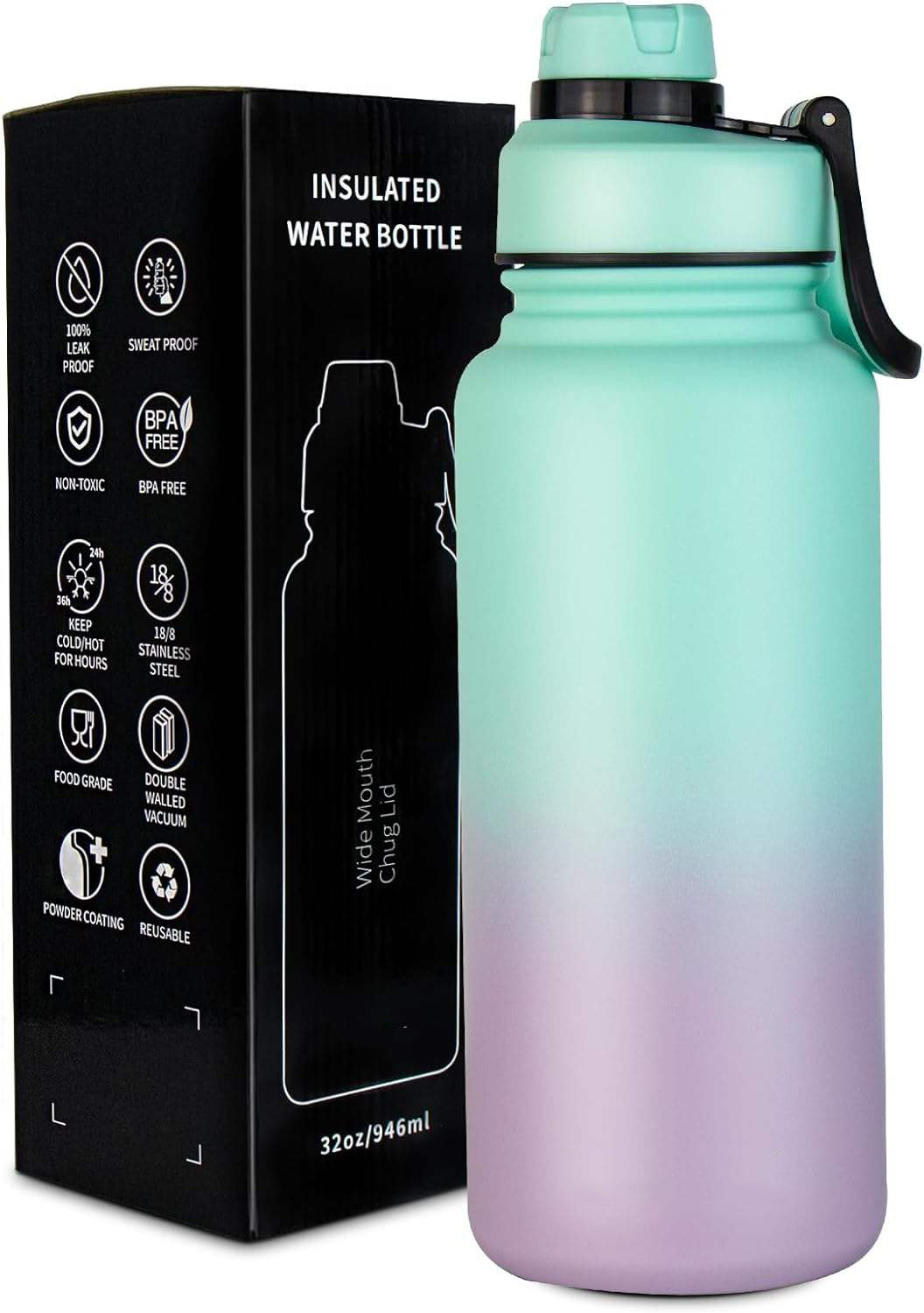 32 oz Insulated Water Bottle - Double Walled Stainless Steel Vacuum Thermos Flask, Leak Proof Cold Drink Bottle with Chug Lid