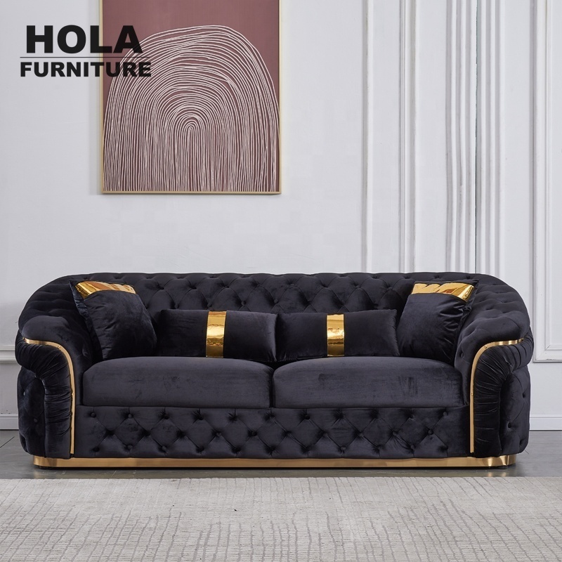 HOLA Luxury Velvet Chesterfield Sofa Plush Velvet Black Couch & Loveseat Furniture Corner Sofa Set Living Room Sofas